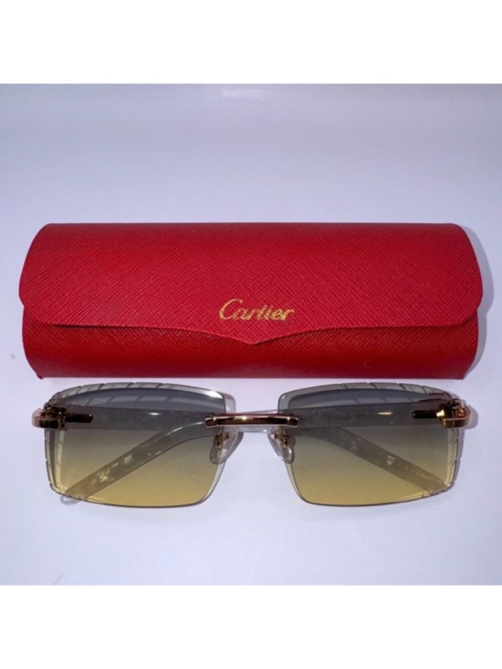 Cartier Buffs Sunglasses Diamond Cut Lens Green Tint Diamond White Horn Pearl